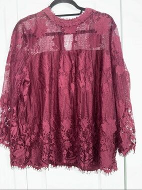 New York & Company Wine Lace Crochet Long-Sleeve Blouse